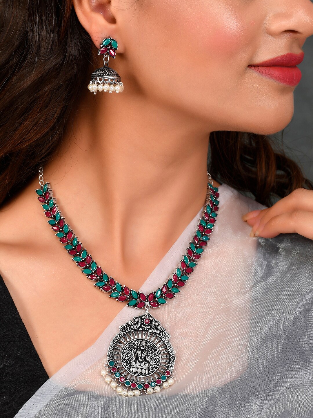 

AQUASTREET JEWELS Oxidised Silver-Plated Red & Green Stone Studded & Beaded Handcrafted Jewellery Set