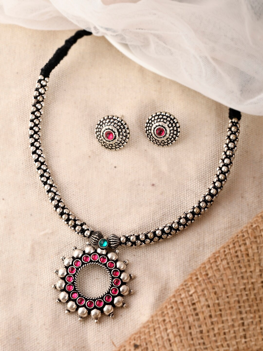 

AQUASTREET JEWELS Silver-Plated & Red Stones-Studded Jewellery Set