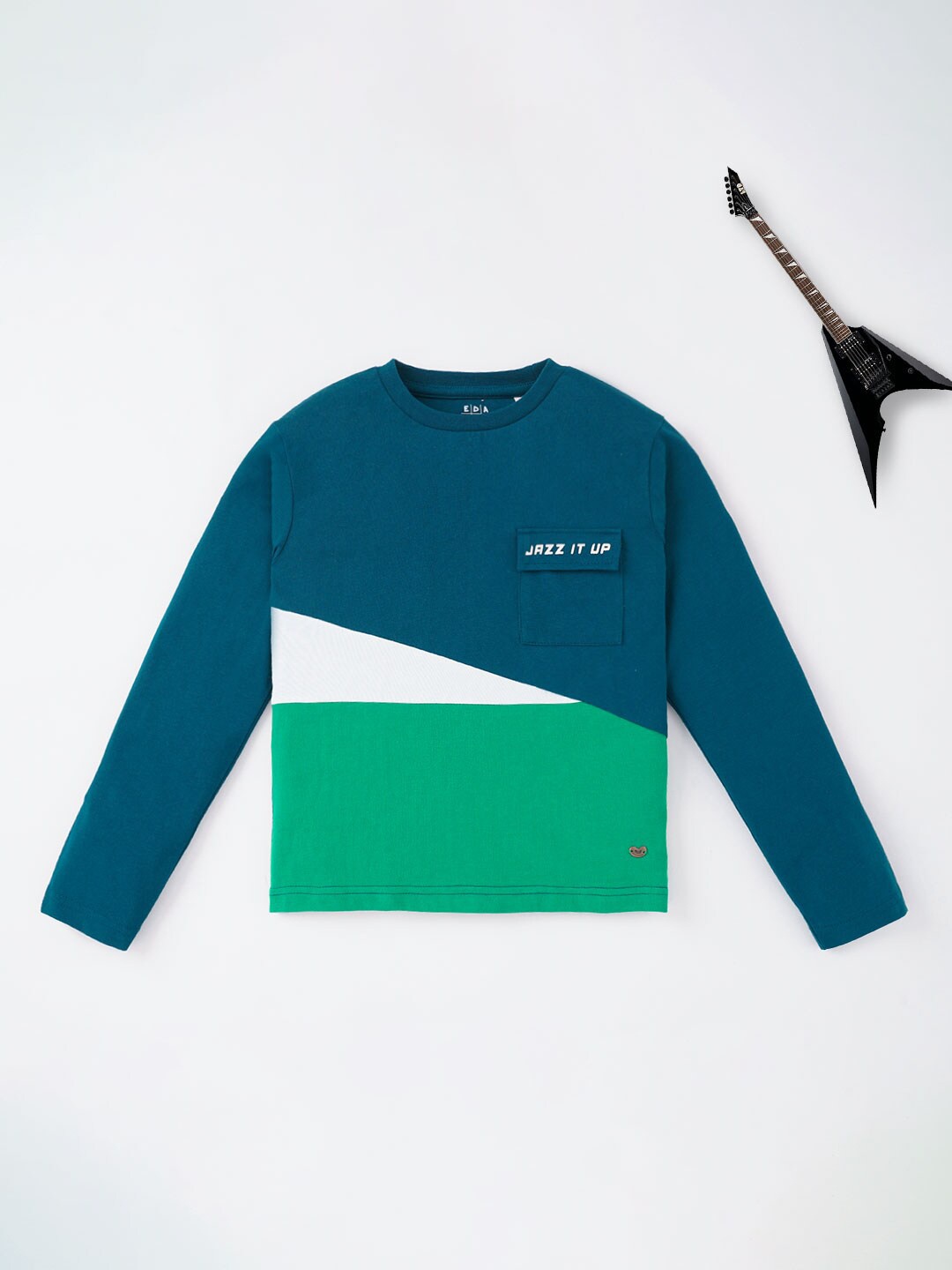 

Ed-a-Mamma Boys Teal Blue & Green Colourblocked Sustainable Cotton T-shirt