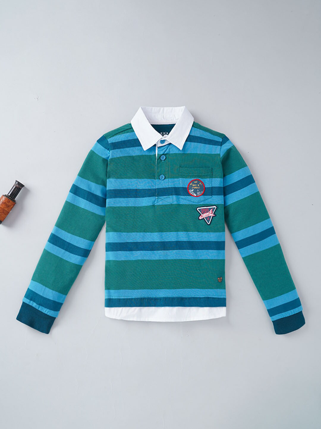 

Ed-a-Mamma Boys Green & Blue Striped Polo Collar T-shirt