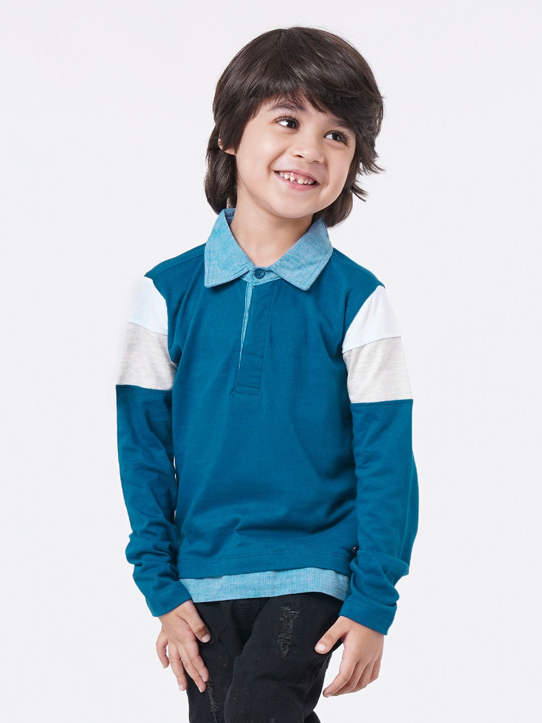 

Ed-a-Mamma Boys Teal & White Colourblocked Polo Collar Sustainable Cotton T-shirt