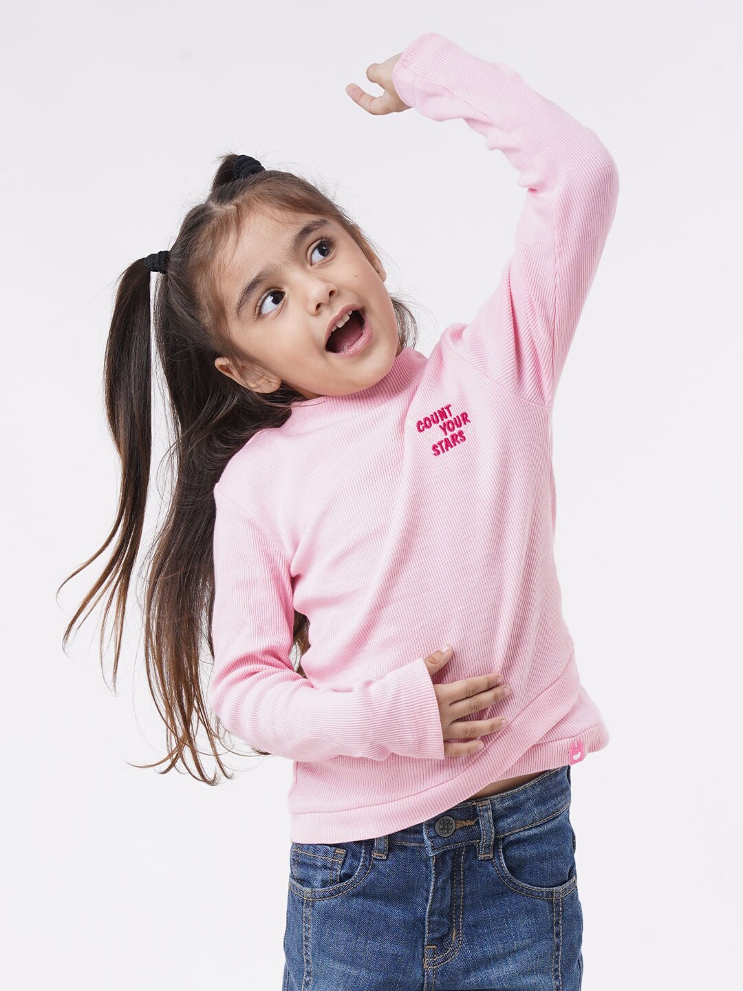 Ed-a-Mamma Girls Pink Typography Printed Cotton T-shirt