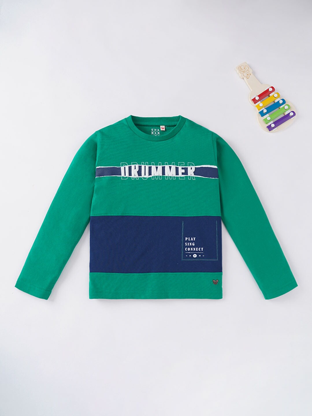 

Ed-a-Mamma Boys Green & Blue Typography Colourblocked Cotton T-shirt