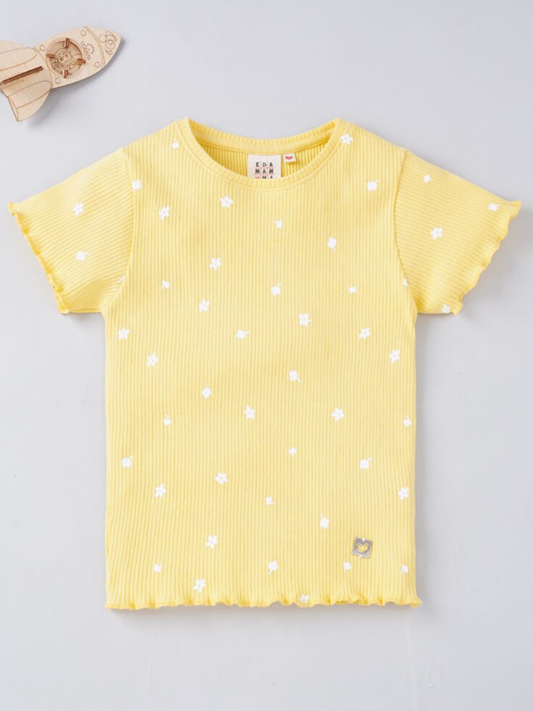 

Ed-a-Mamma Girls Yellow Floral Printed Raw Edge T-shirt