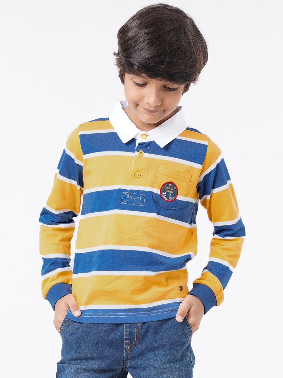 

Ed-a-Mamma Boys Yellow & Blue Striped Polo Collar Cotton T-shirt