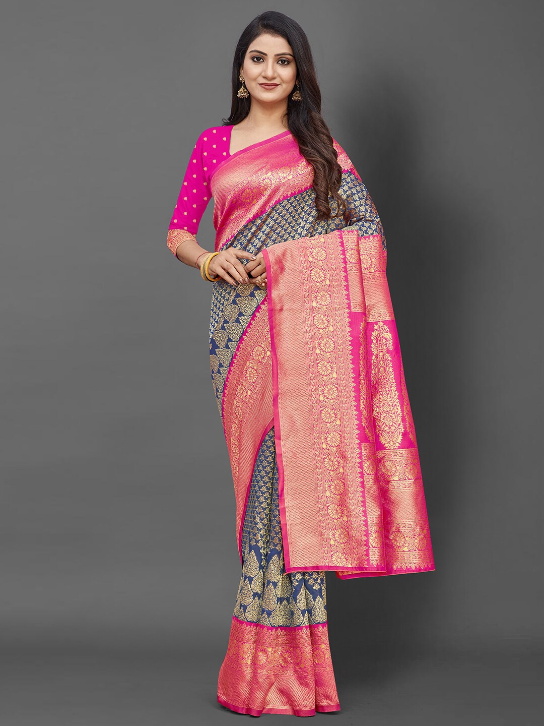 

Mitera Navy Blue & Pink Woven Design Zari Silk Blend Banarasi Saree