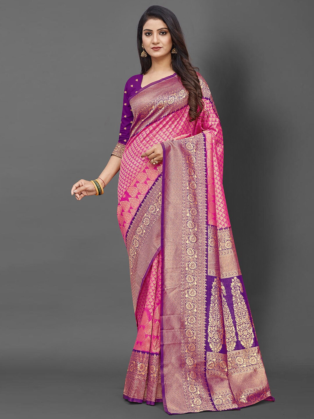 

Mitera Pink & Purple Ethnic Motifs Zari Banarasi Saree