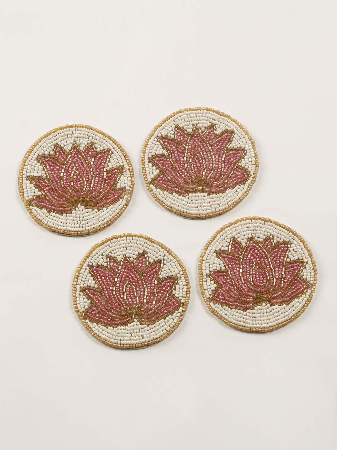 

Home Centre Set Of 4 Pink & Off White Embellished Glass Coasters