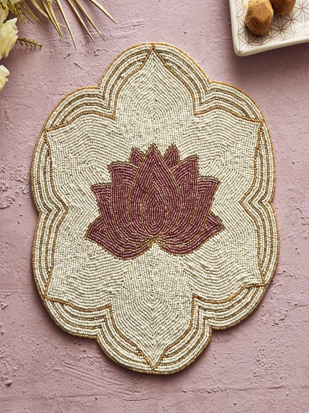 

Home Centre Beige & Red Embellished Glass Placemat