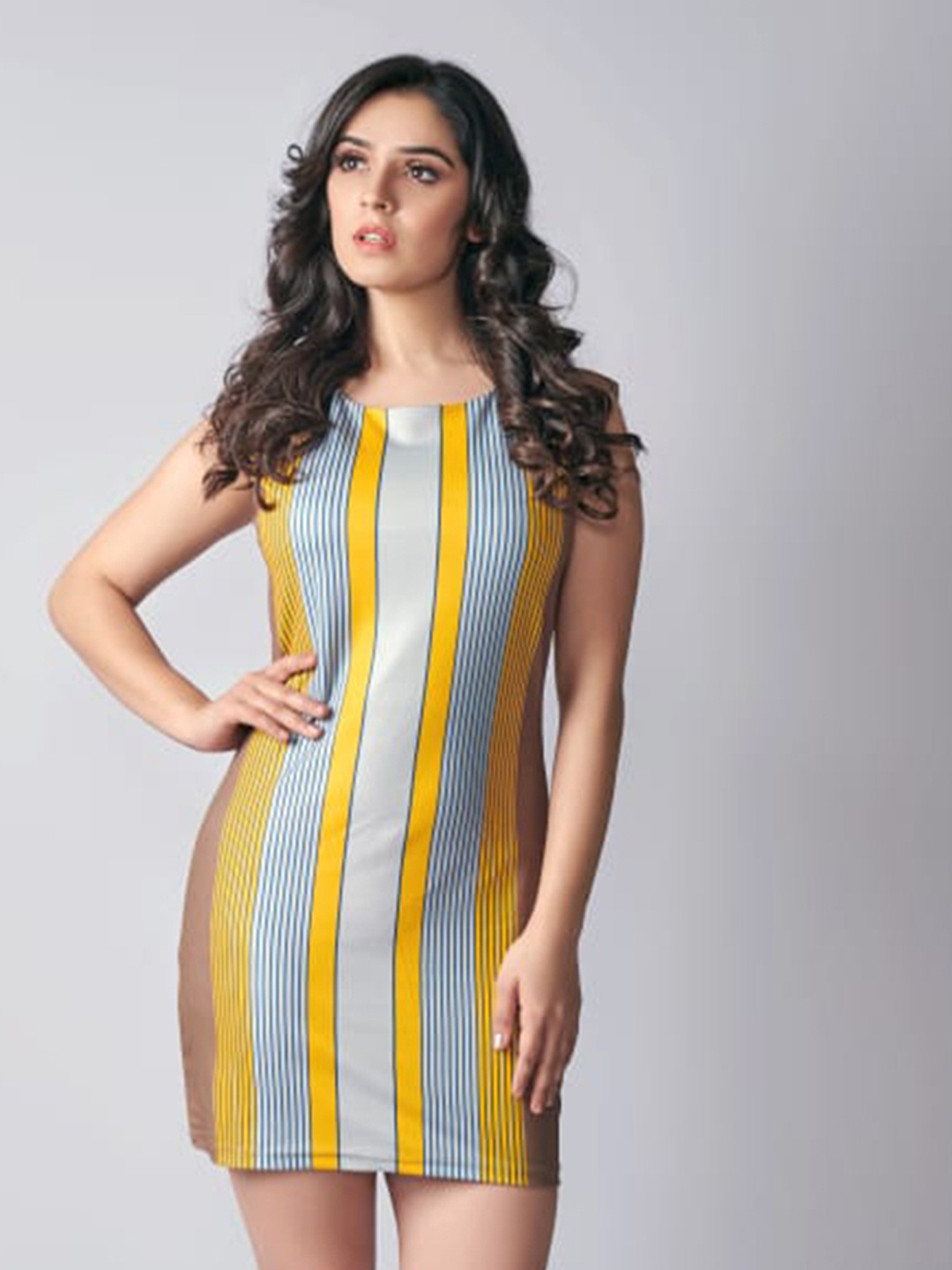 

RIVAMA Women Grey & Mustard Yellow Striped Crepe Top