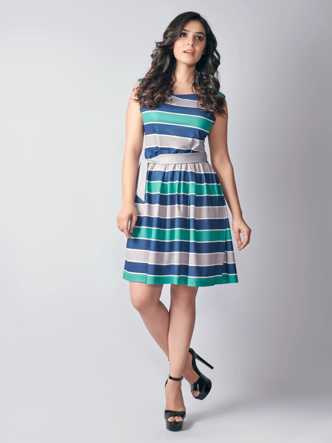 

RIVAMA Women Grey & Green Striped Crepe Peplum Top