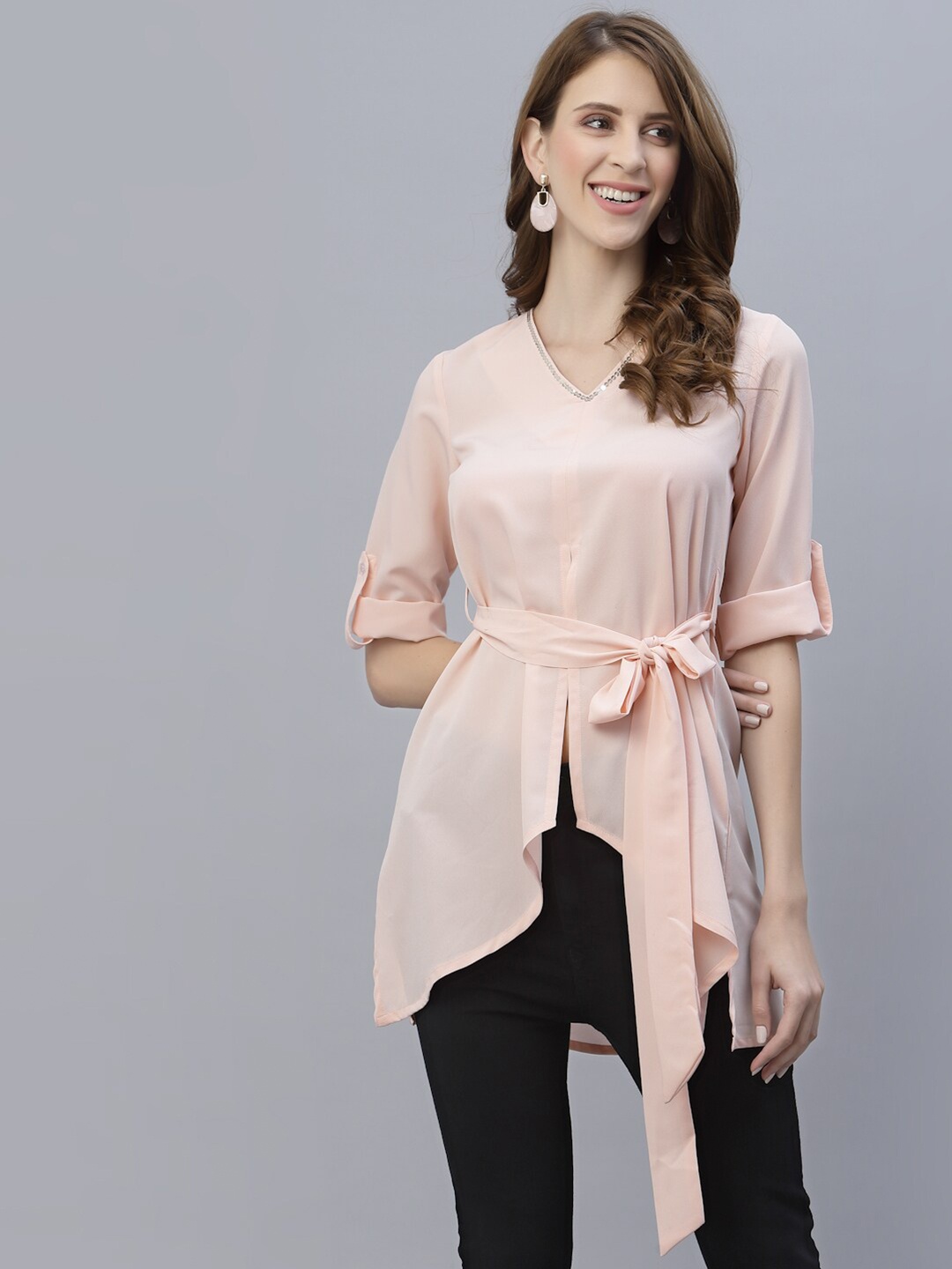 

RAASSIO Women Peach-Coloured Roll-Up Sleeves Crepe Longline Top