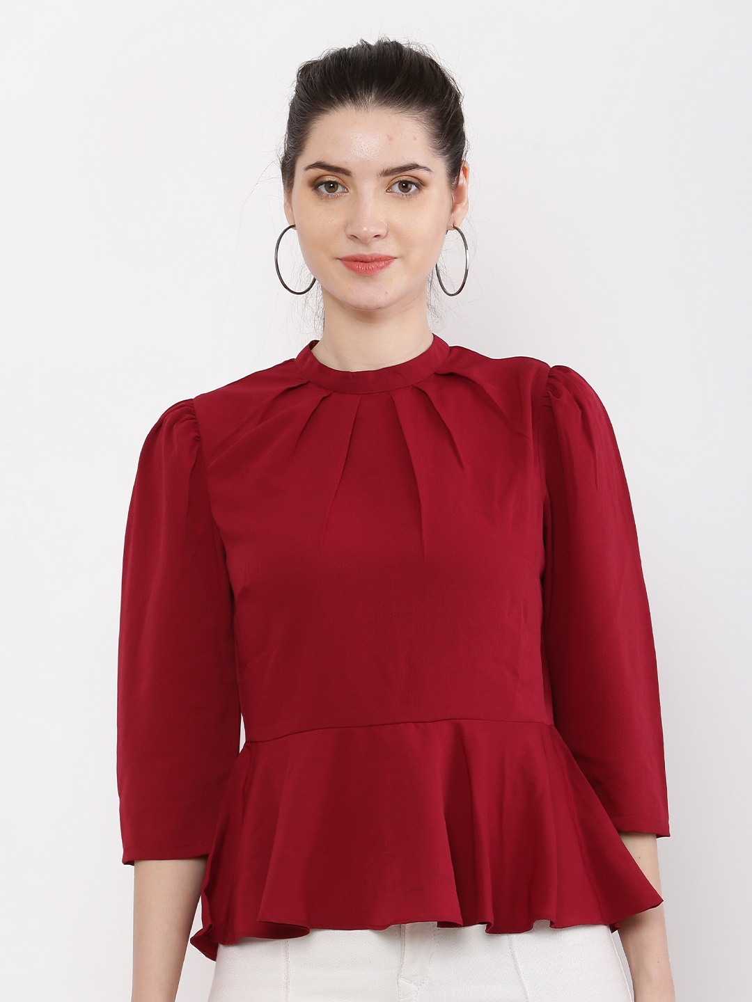 

RAASSIO Woman Burgundy Applique Crepe Peplum Top