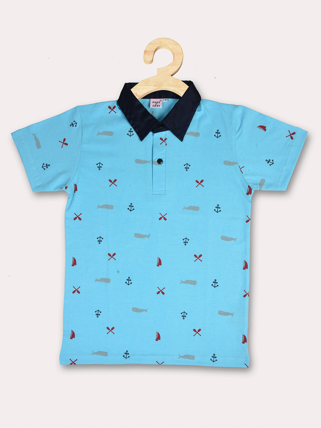 

POMY & JINNY Boys Blue Printed Polo Collar Slim Fit cotton T-shirt