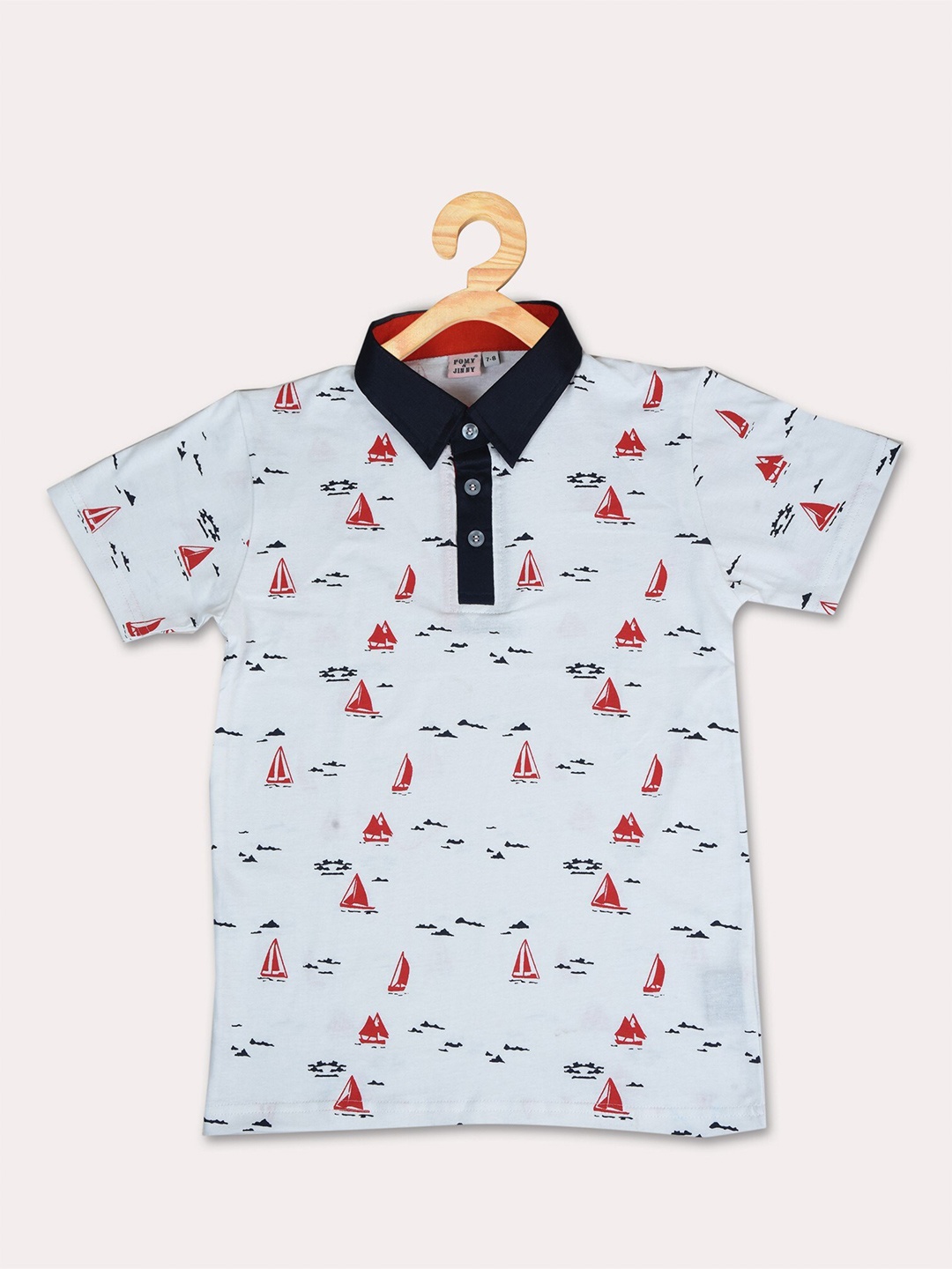 

POMY & JINNY Boys Blue Printed Polo Collar Slim Fit Cotton T-shirt
