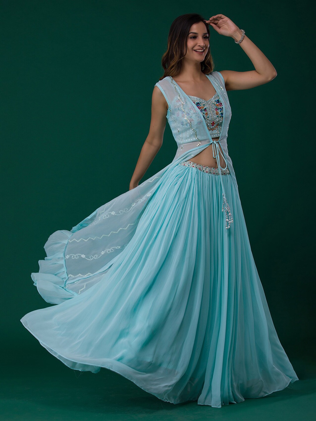 

Koskii Blue & Gold-Toned Embellished Mirror Work Ready to Wear Lehenga