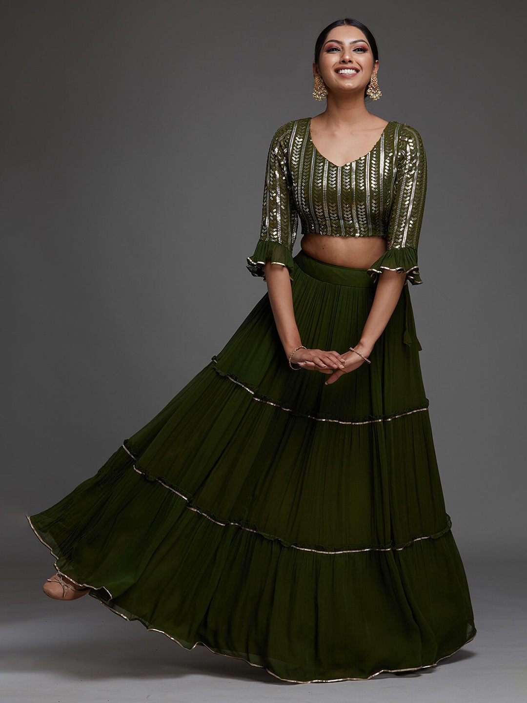 

Koskii Green & Gold-Toned Embellished Sequinned Ready to Wear Lehenga & Blouse & Dupatta