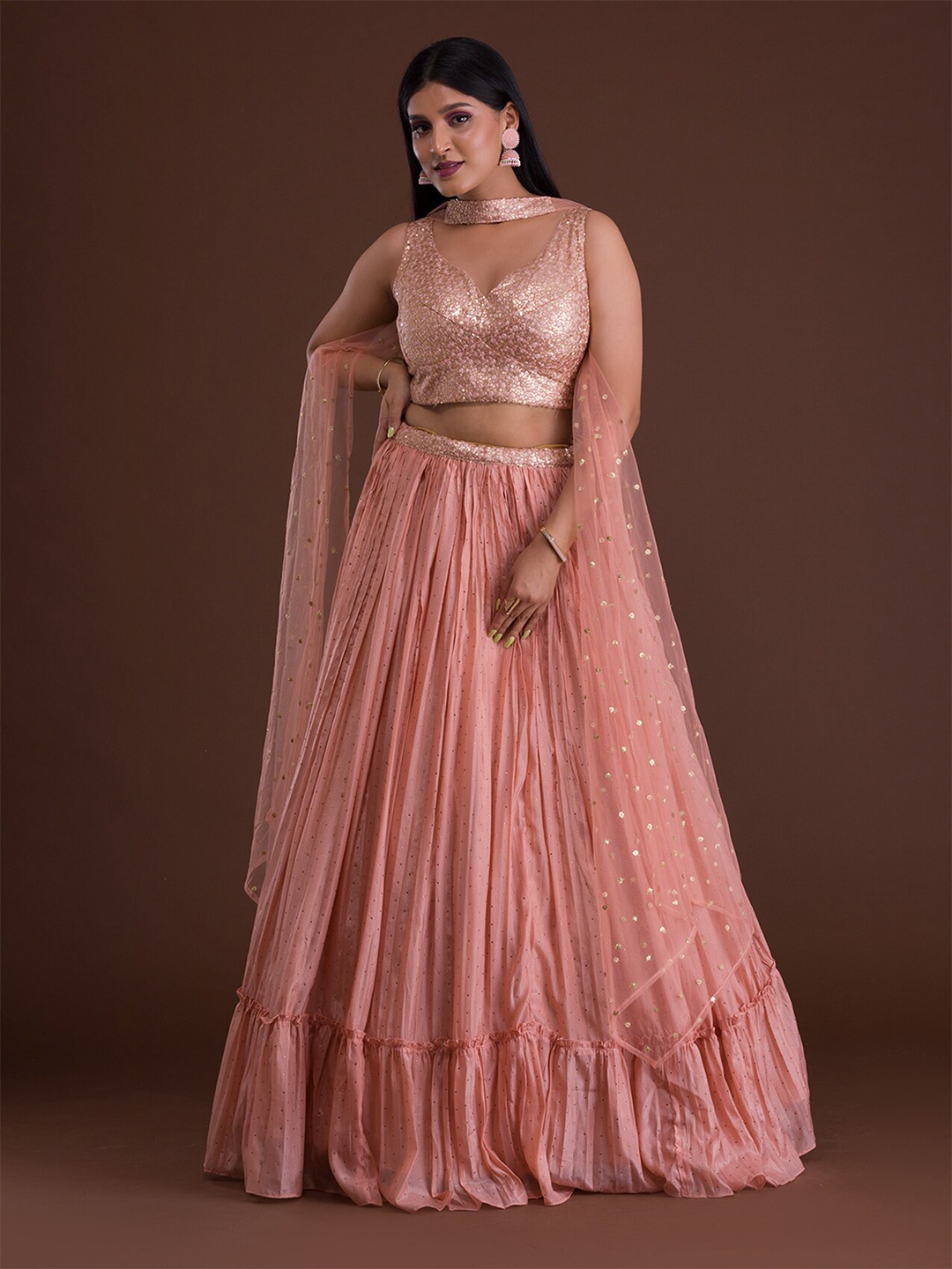 

Koskii Peach-Coloured & Gold-Toned Embellished Ready to Wear Lehenga & Blouse With Dupatta