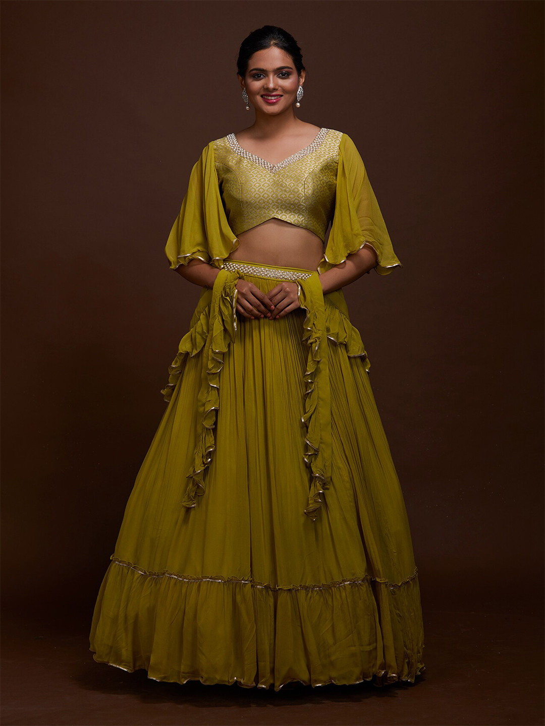 

Koskii Green & White Embellished Thread Work Ready to Wear Lehenga &