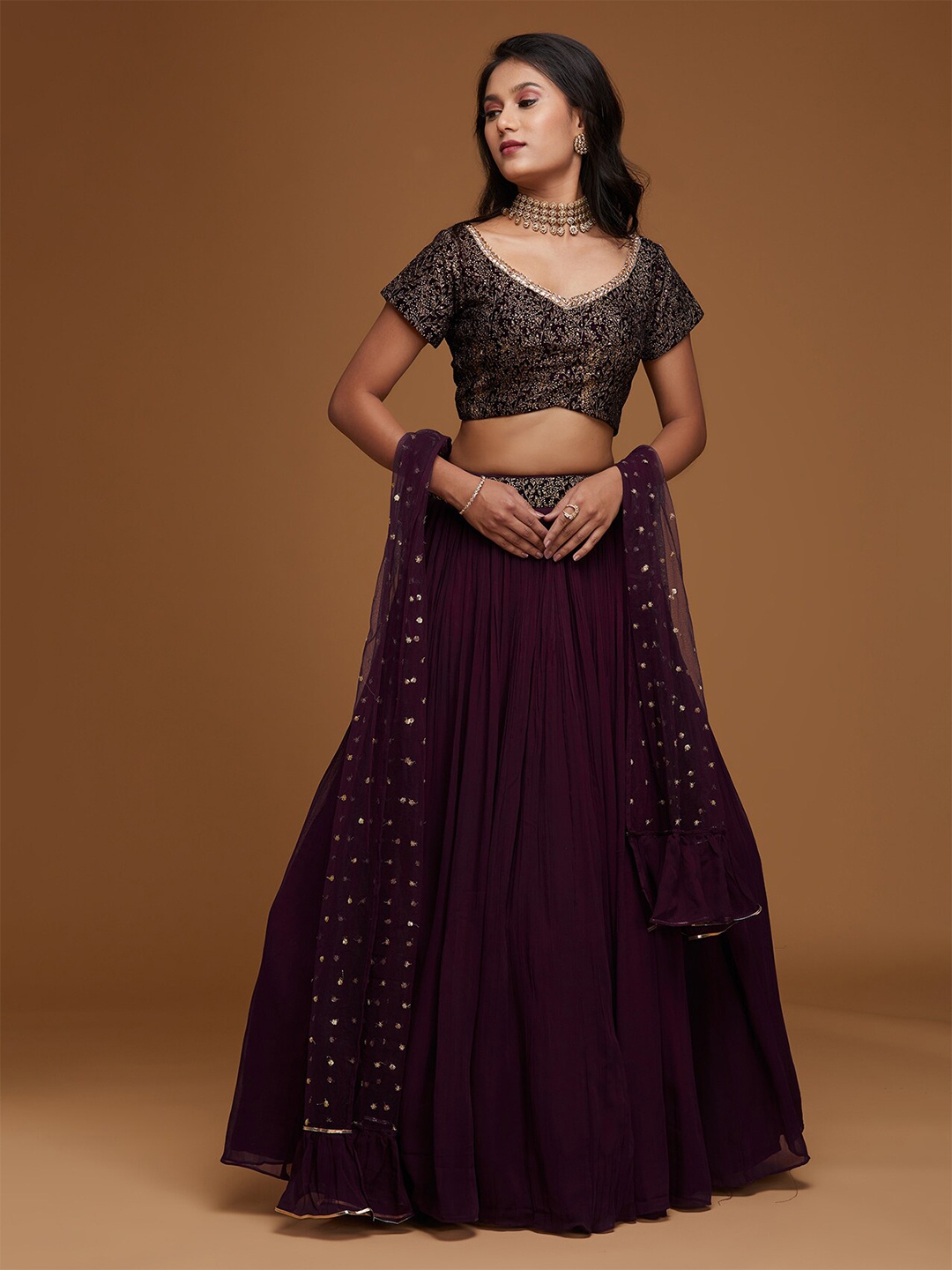 

Koskii Maroon & Gold-Toned Embellished Ready to Wear Lehenga & Blouse With Dupatta