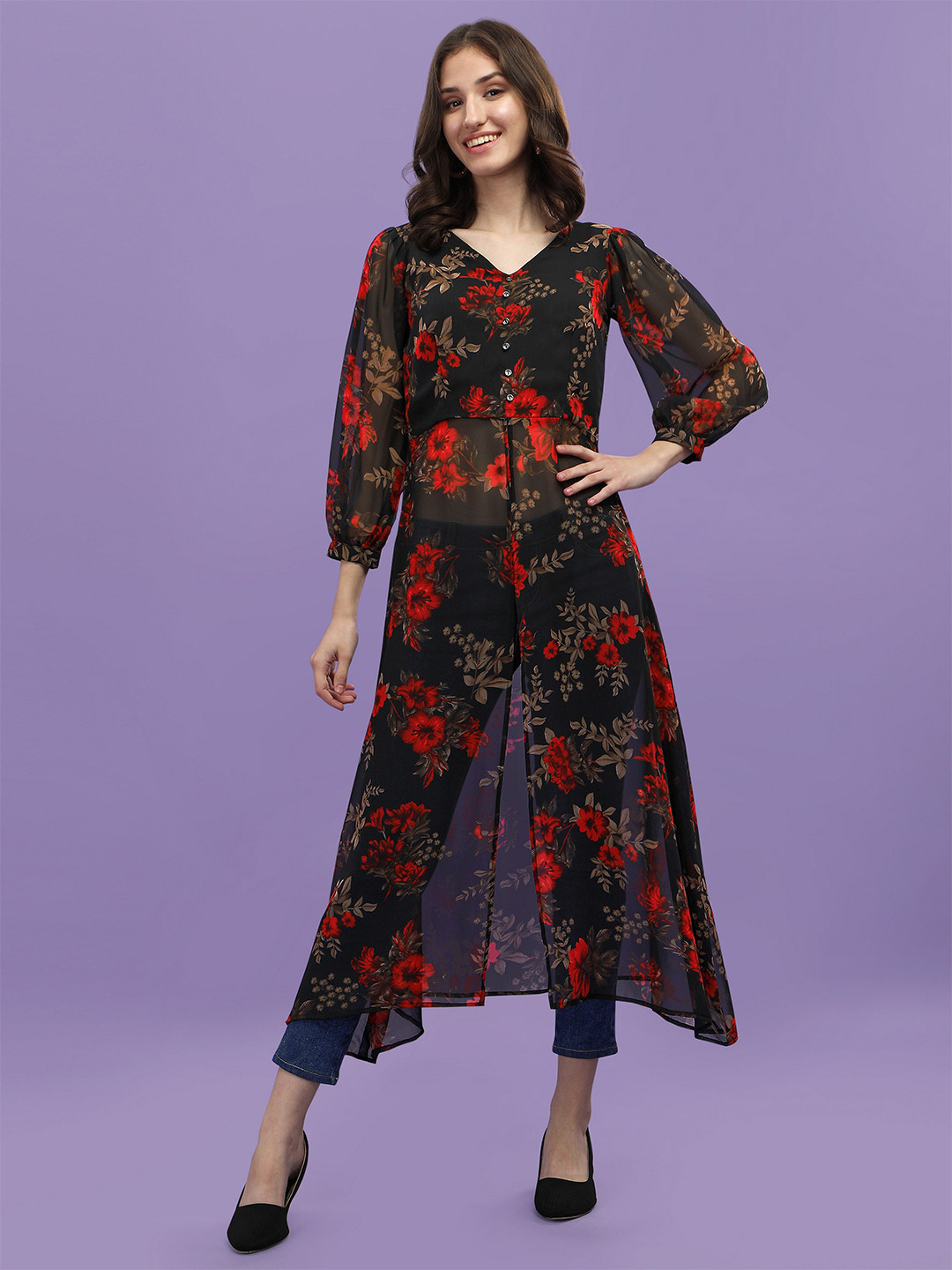 

ASPORA Women Black & Red Floral Printed Floral Georgette Kurta