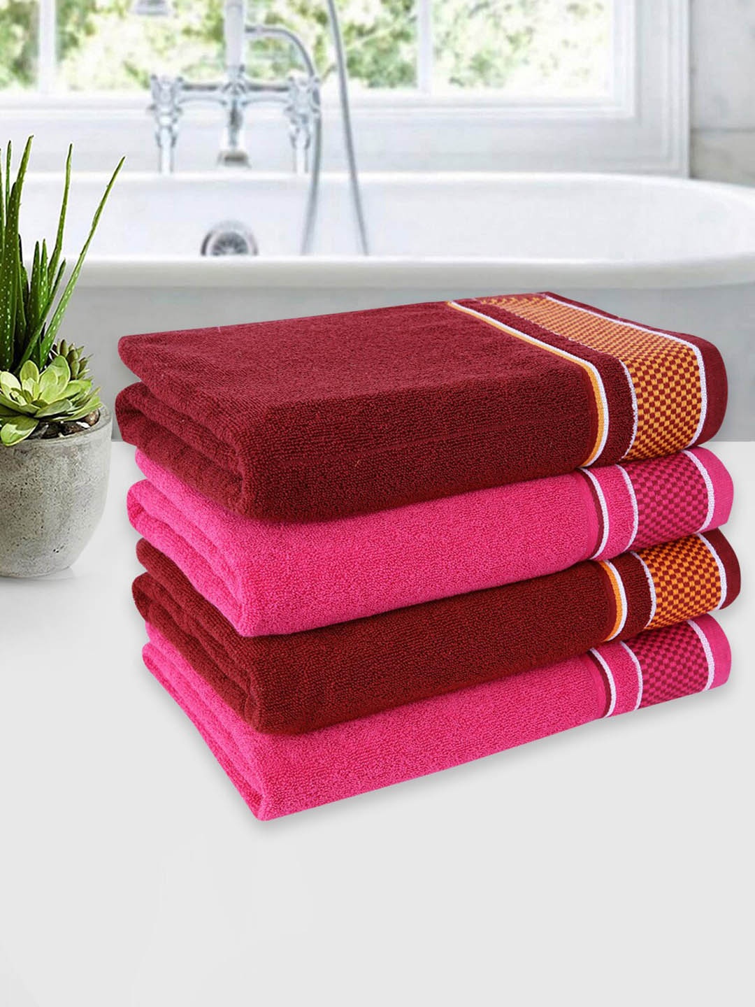 

ROMEE Set Of 4 Solid Cotton 500GSM Bath Towels, Pink