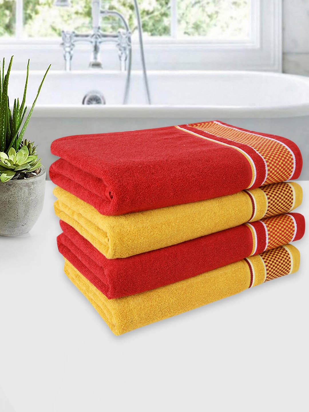 

ROMEE Set Of 4 Red & Yellow Solid 500 GSM Cotton Bath Towels