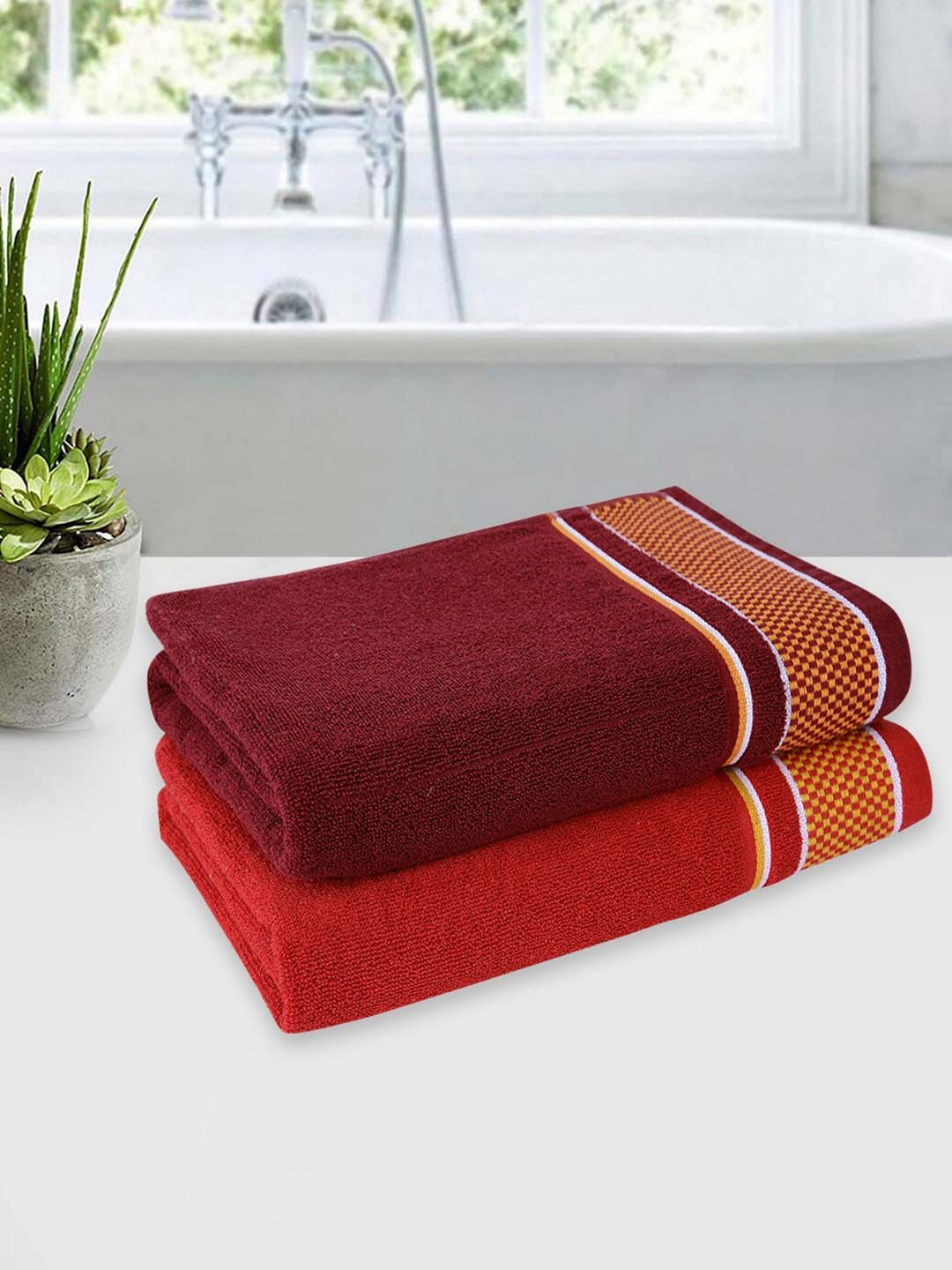 

ROMEE Set Of 2 Solid Cotton 500 GSM Bath Towels, Red
