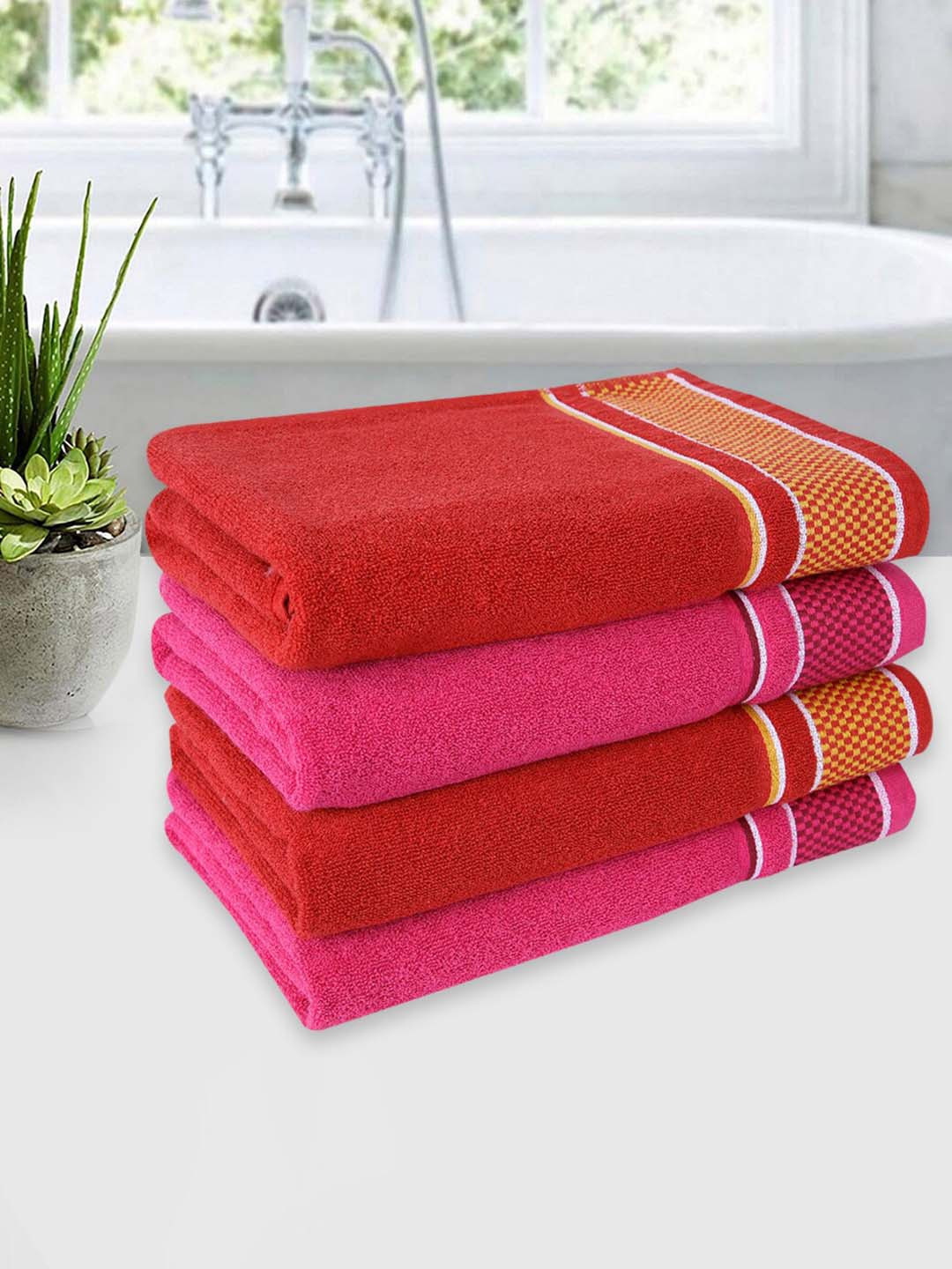 

ROMEE Set Of 4 Solid Cotton 500 GSM Bath Towels, Red