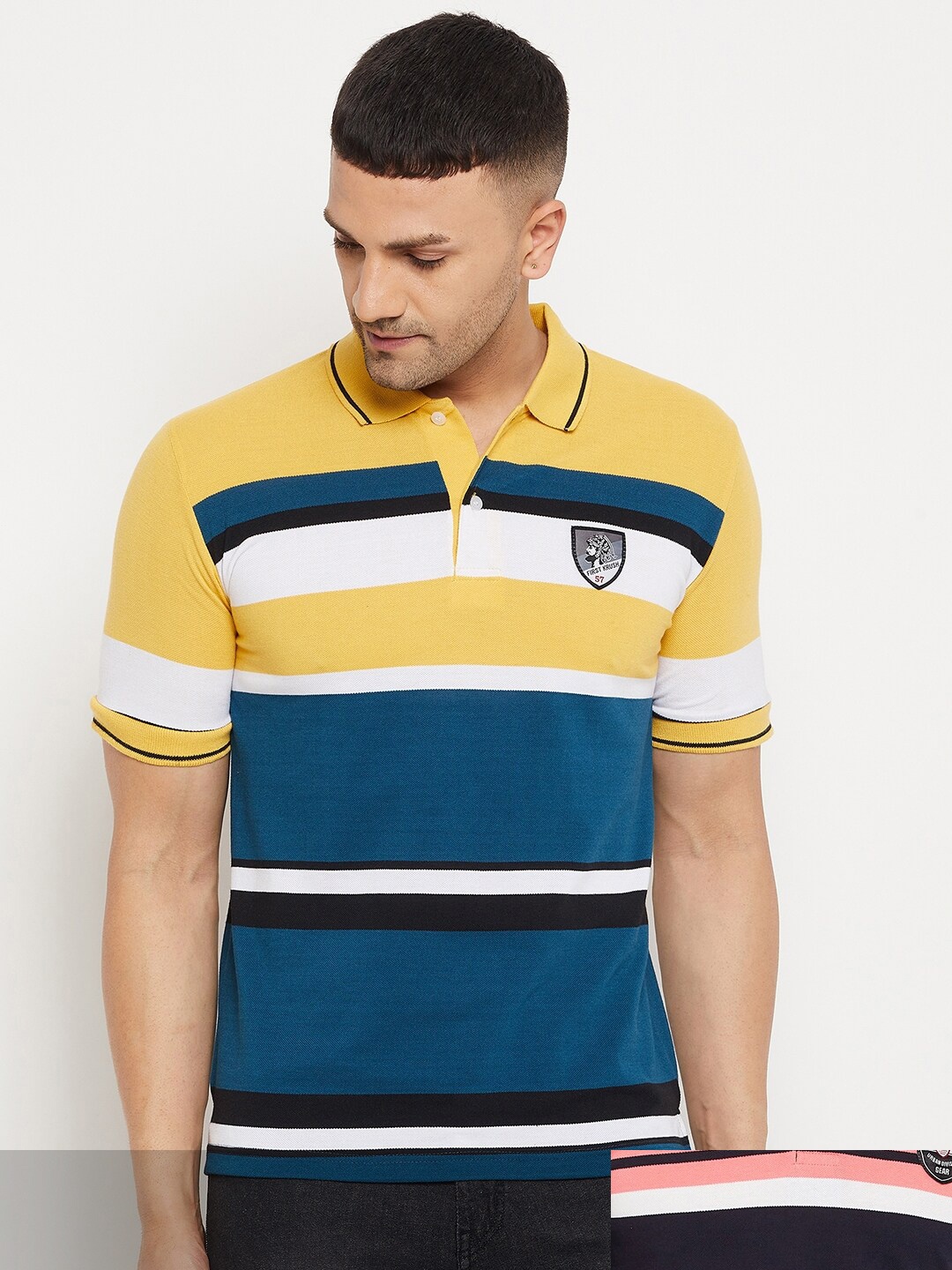 

FirstKrush Men Navy Blue & Blue Pack Of 2 Brand Logo Striped Polo Collar T-shirt