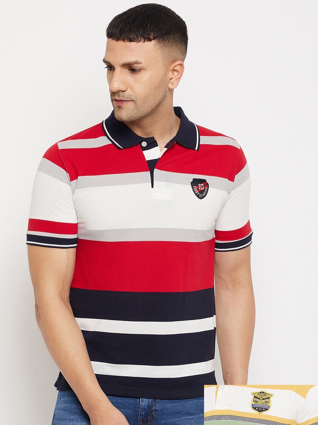 

FirstKrush Men Red & White Pack of 2 Striped Polo Collar T-shirts