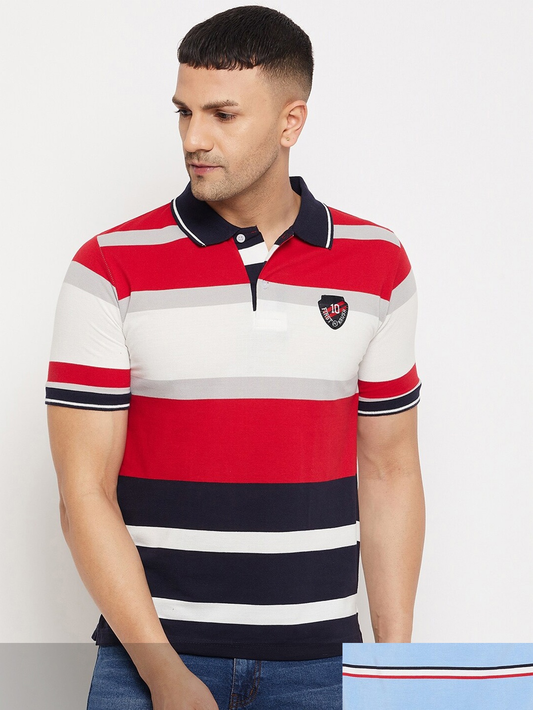 

FirstKrush Men Red & Blue Pack Of 2 Brand Logo 2 Striped Polo Collar T-shirt
