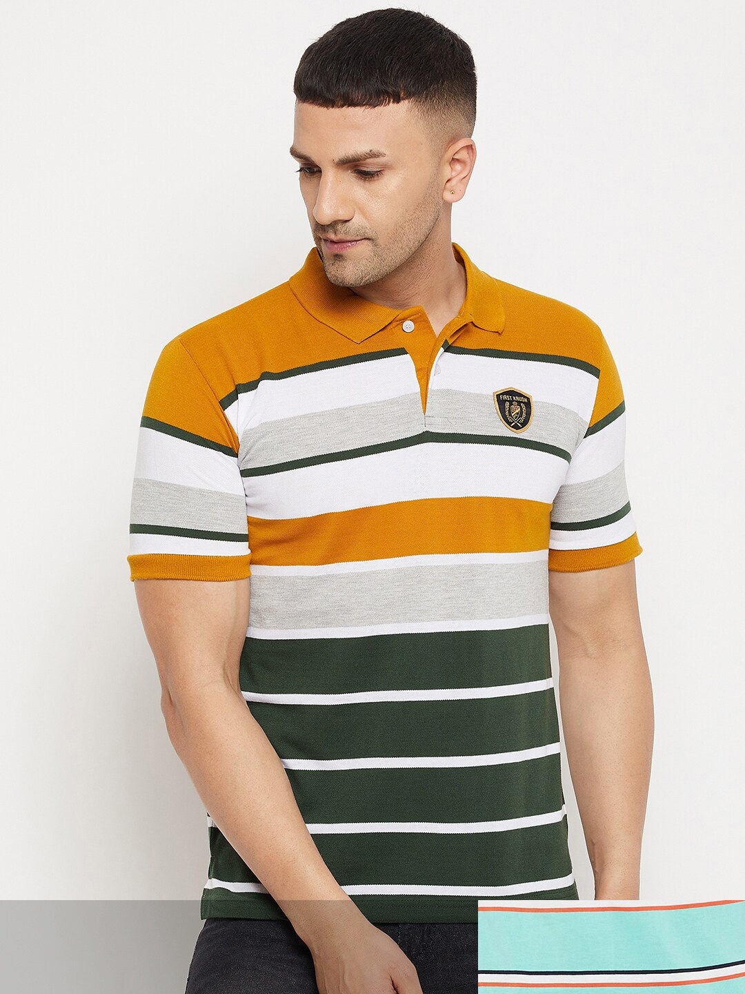 

FirstKrush Men Pack Of 2 Mustard Yellow & Olive Green Striped Polo Collar T-shirts