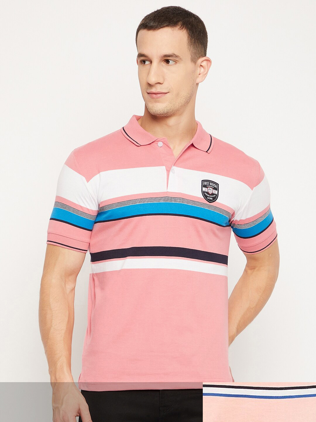 

FirstKrush Men Pack Of 2 Pink & White Striped Polo Collar T-shirts