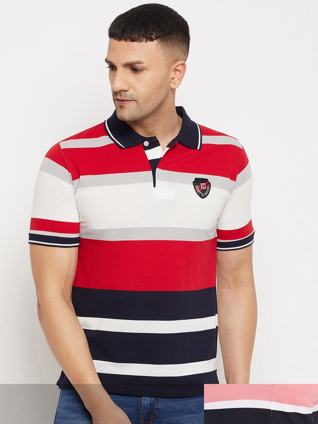 

FirstKrush Men Pack Of 2 Red & Grey Striped Polo Collar T-shirts