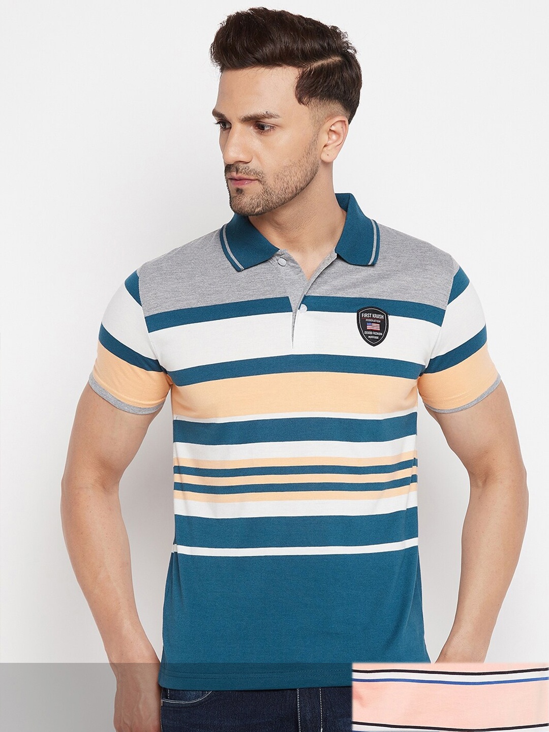

FirstKrush Men Pack Of 2 Pink & Blue 2 Striped Polo Collar T-shirts