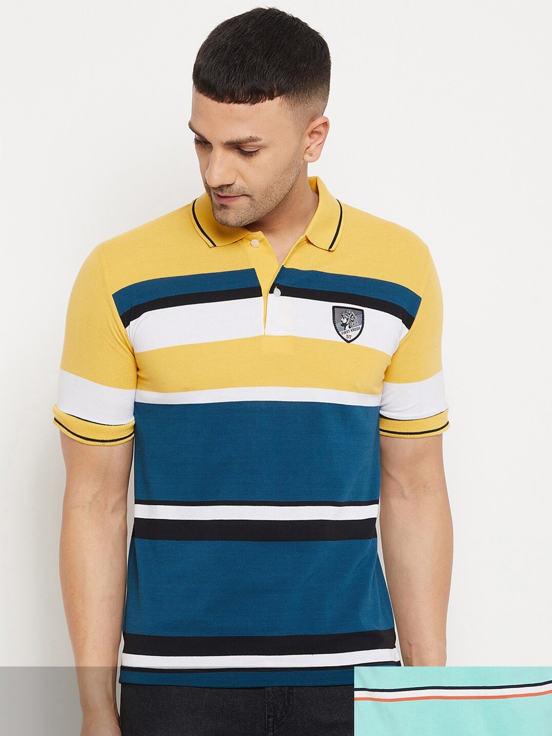 

FirstKrush Men Pack Of 2 Yellow & Blue Striped Polo Collar Applique T-shirts