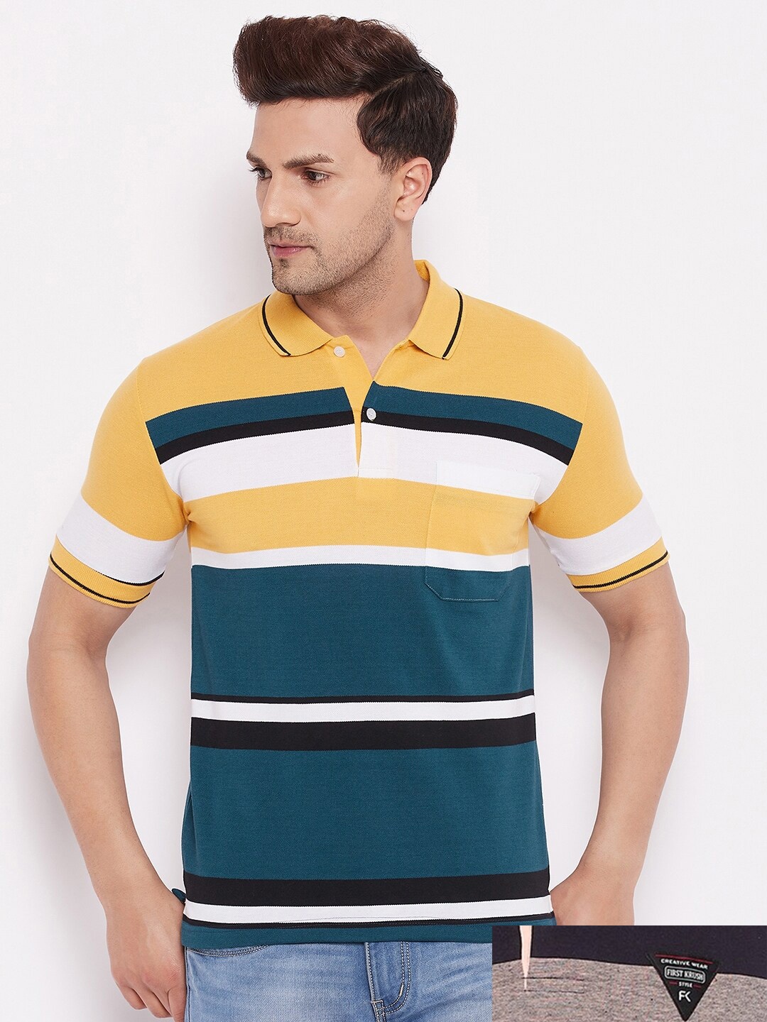 

FirstKrush Men Pack Of 2 Yellow & Black Striped Polo Collar T-shirts