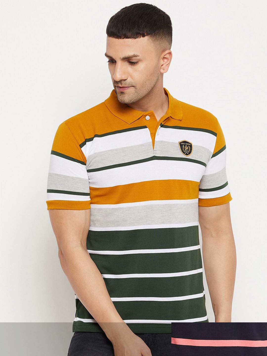 

FirstKrush Men Pack Of 2 Navy Blue & Peach-Coloured Striped Polo Collar T-shirts