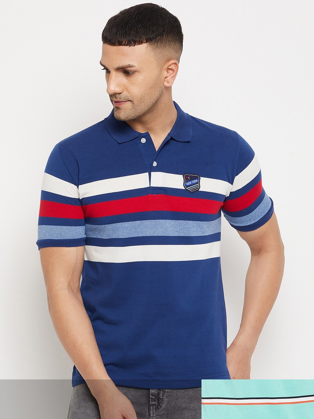 

FirstKrush Men Pack Of 2 Blue & White Striped Polo Collar Applique T-shirts