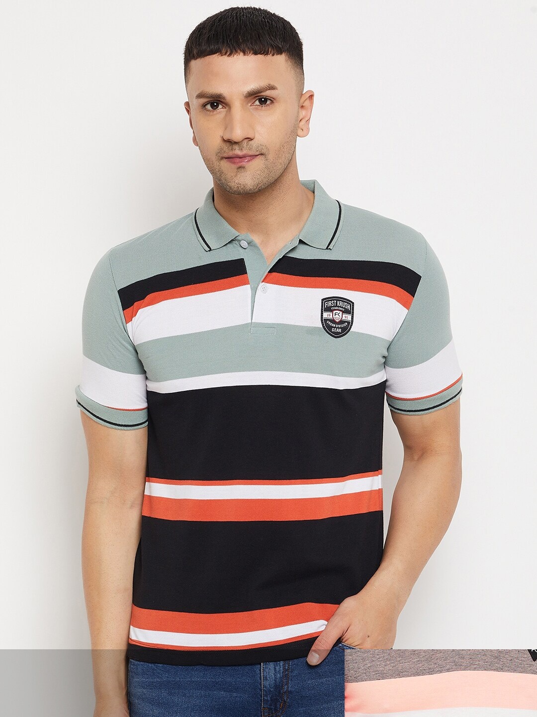 

FirstKrush Men Pack Of 2 Grey & Black Striped Polo Collar T-shirts