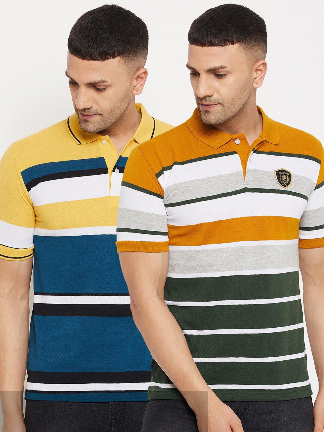 

FirstKrush Men Pack Of 2 Yellow & White Striped Polo Collar Applique T-shirts