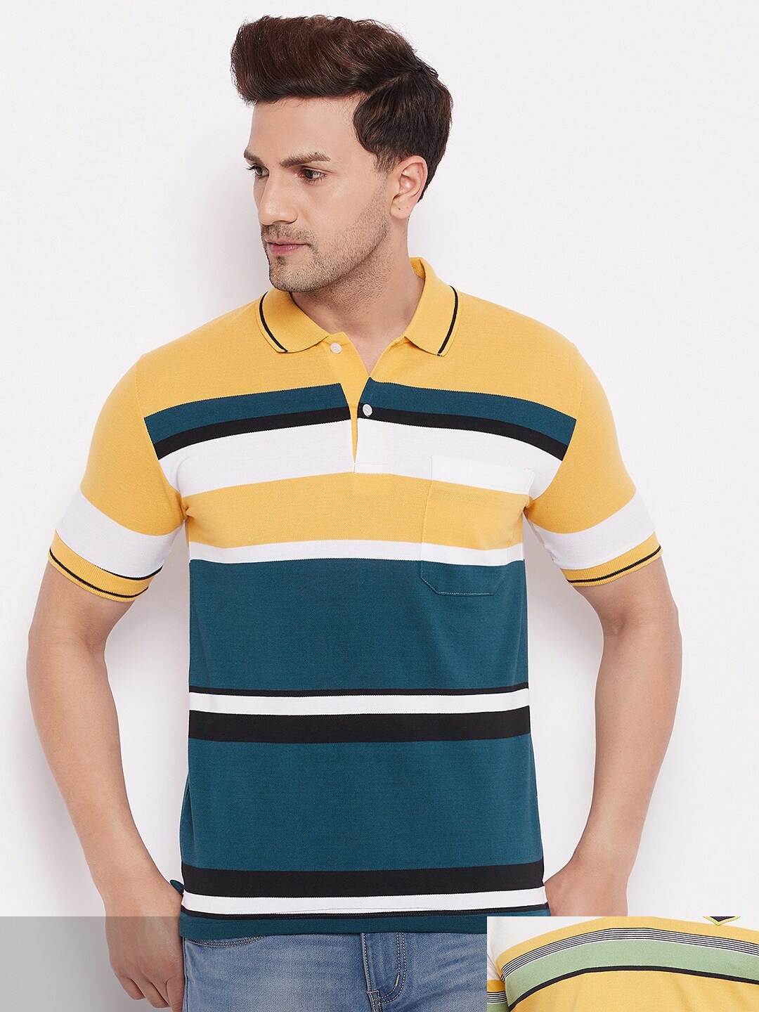 

FirstKrush Men Pack Of 2 Yellow & White Striped Polo Collar Applique T-shirts