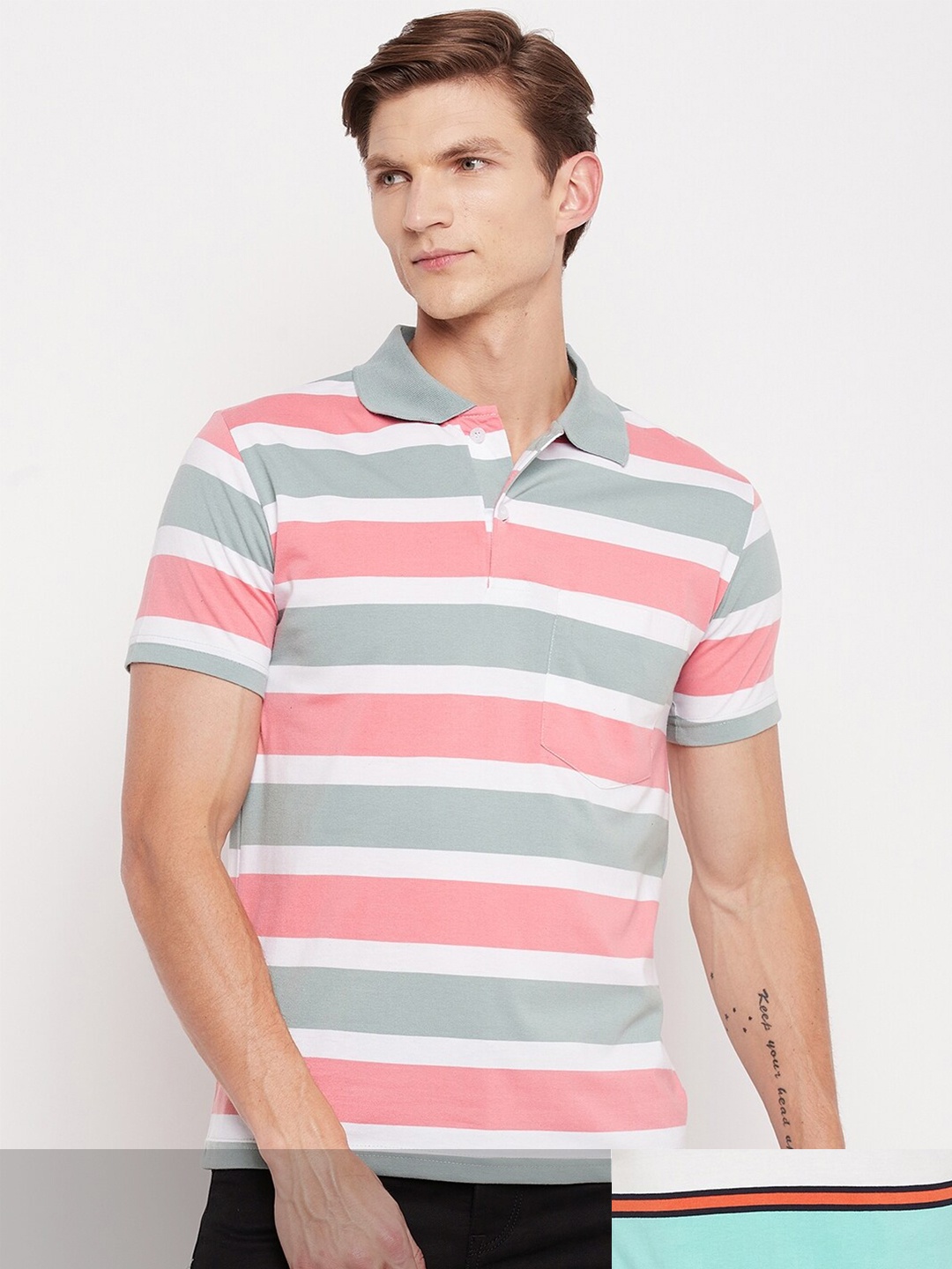 

FirstKrush Men Pack Of 2 Pink & Grey Striped Polo Collar T-shirts