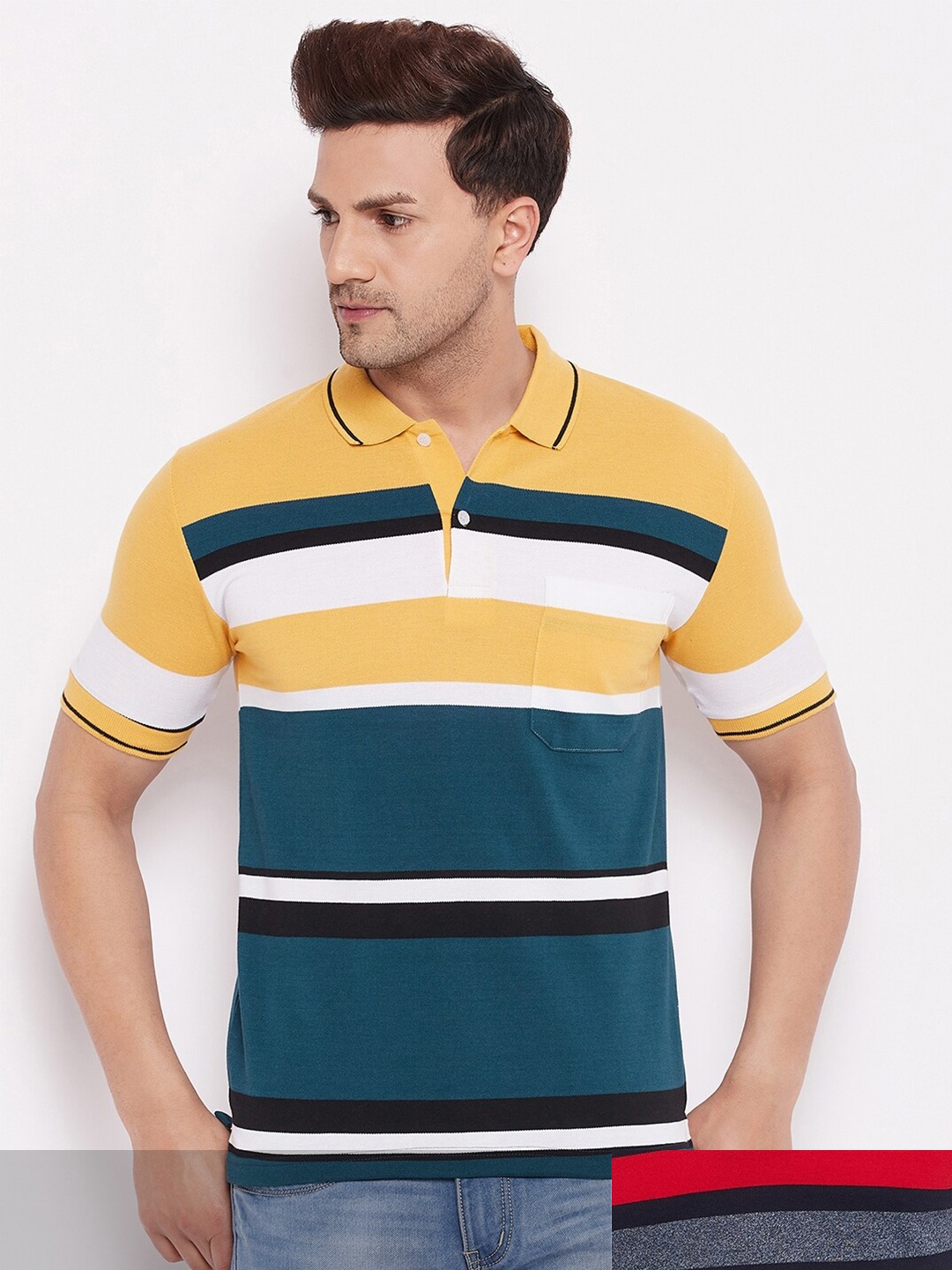 

FirstKrush Men Yellow & Blue Pack of 2 Striped Polo Collar T-shirts