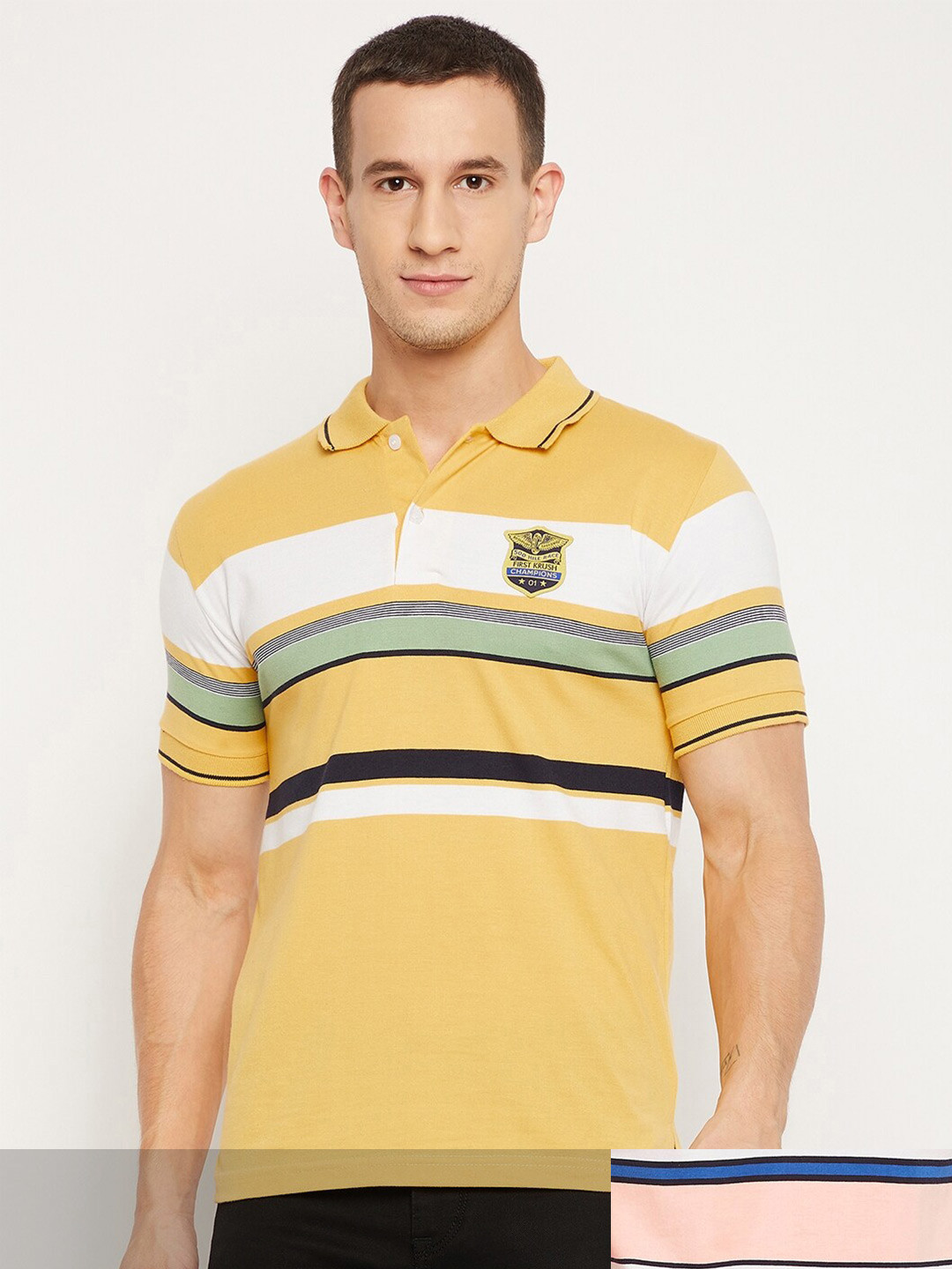 

FirstKrush Men Yellow & Peach-Coloured Pack of 2 Striped Polo Collar T-shirts