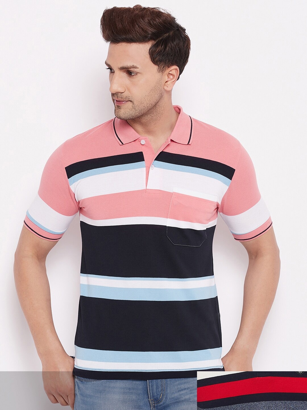 

FirstKrush Men Pink & Navy Blue Pack of 2 Striped Polo Collar T-shirts