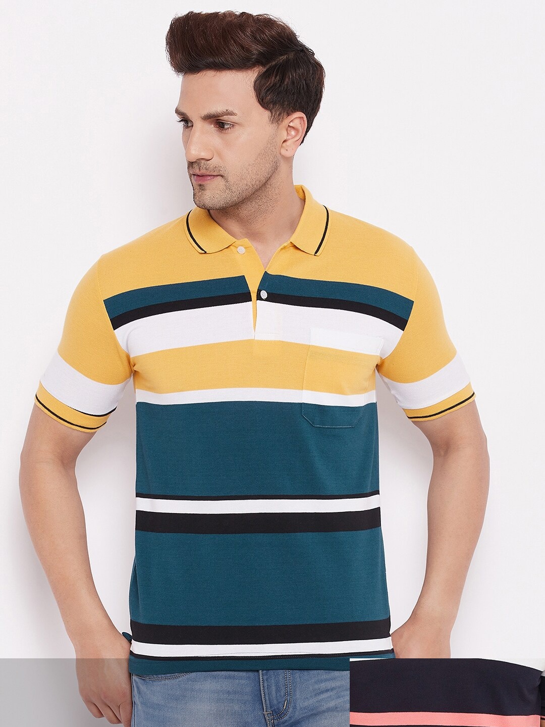 

FirstKrush Men Yellow & Blue Pack Of 2 Striped Polo Collar T-shirt