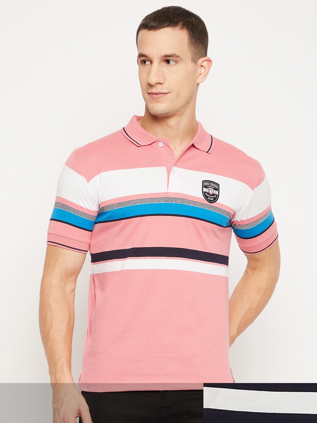 

FirstKrush Men Pink & Red Pack Of 2 Striped Polo Collar T-shirt