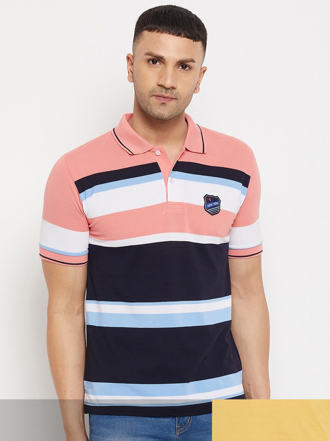 

FirstKrush Men Pink & White Pack Of 2 Striped Polo Collar Cotton T-shirt